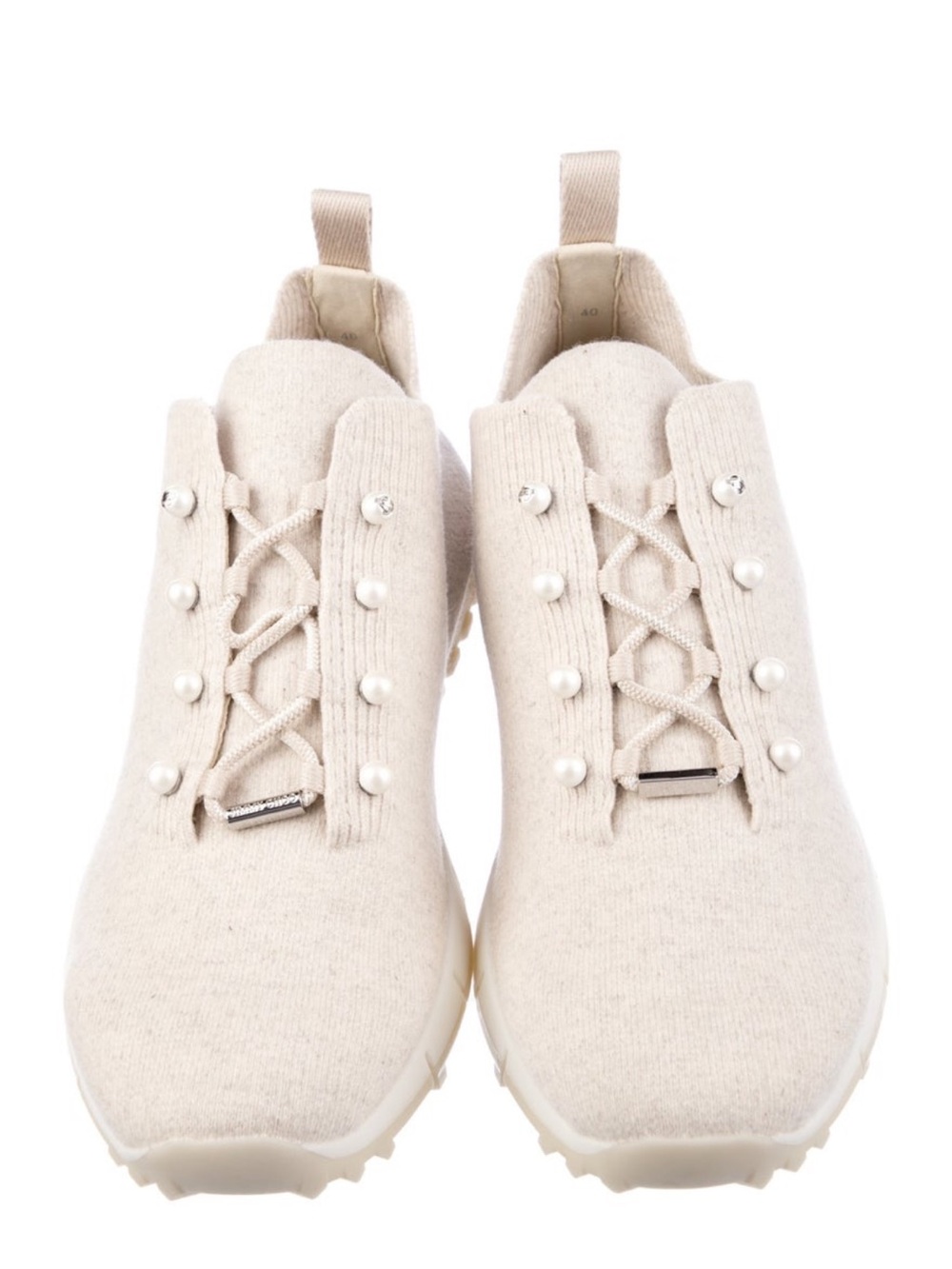 Jimmy Choo Cream Knit lace up Sneakers with Pearls 9 (New)